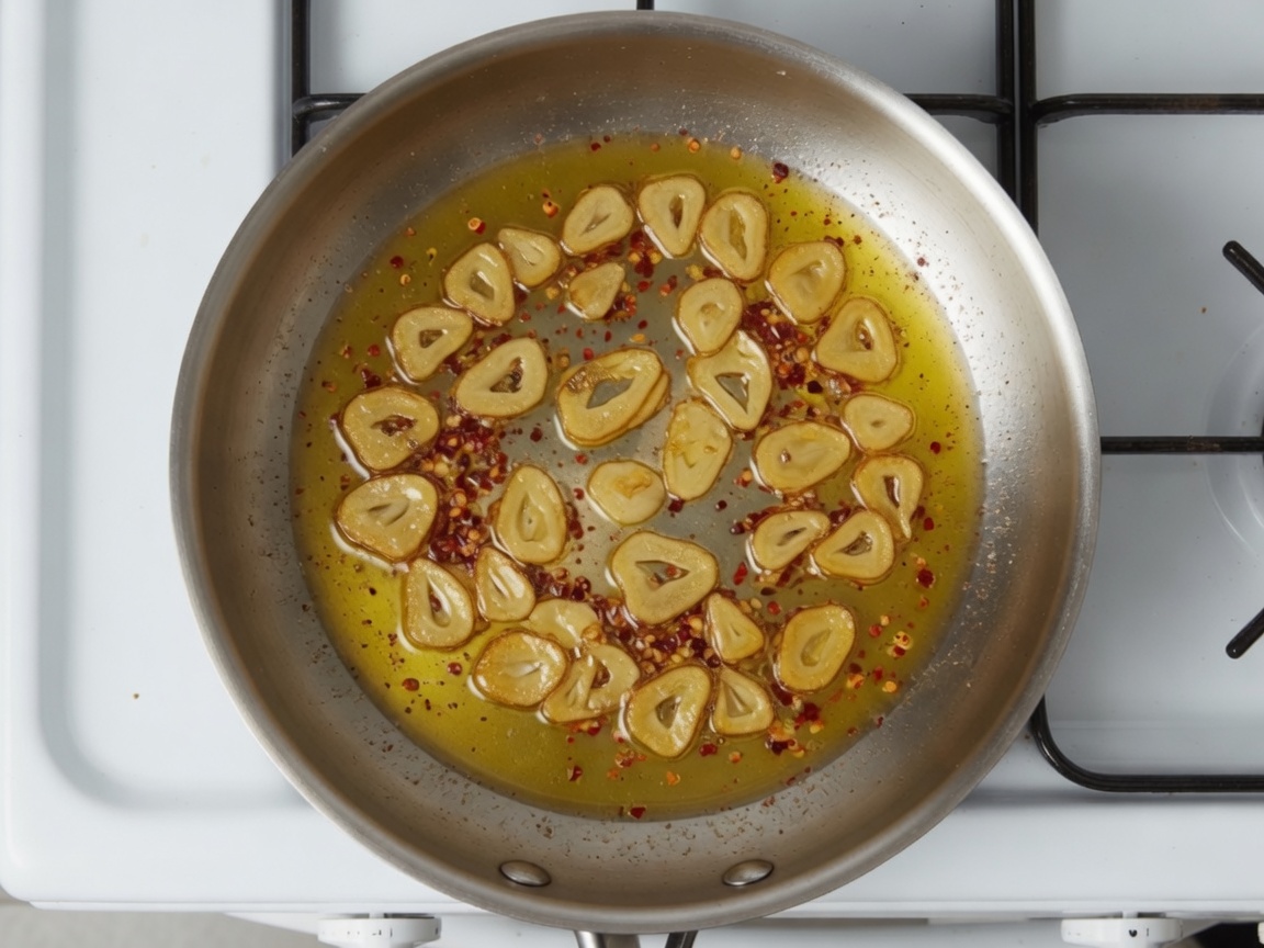Sliced garlic turning gold in olive oil with red pepper flakes