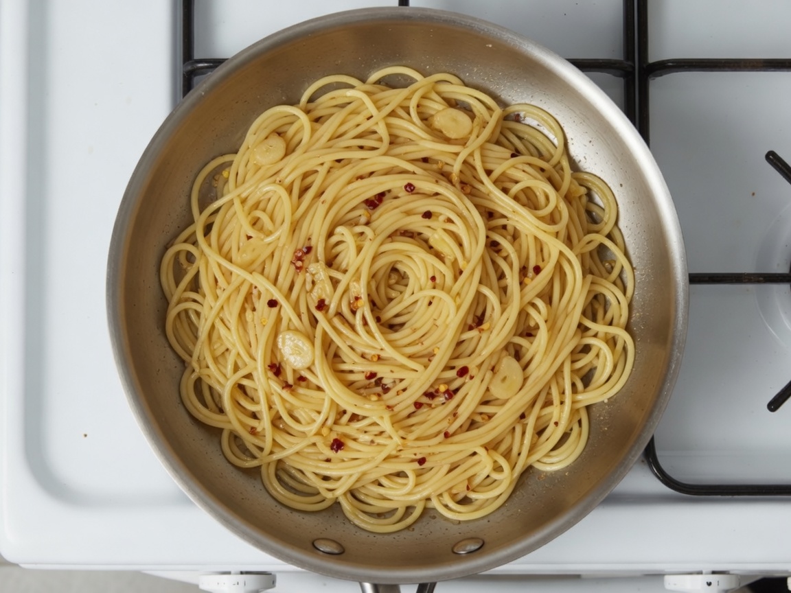 Spaghetti tossed in garlic oil in the skillet