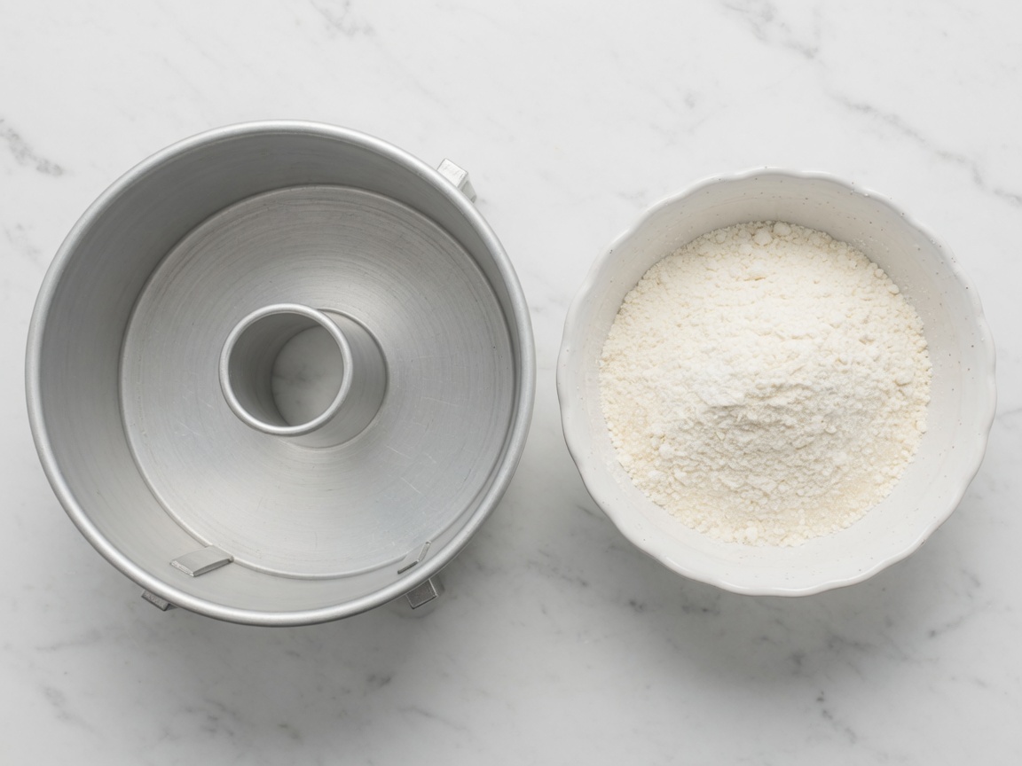Ungreased tube pan beside sifted cake flour and sugar