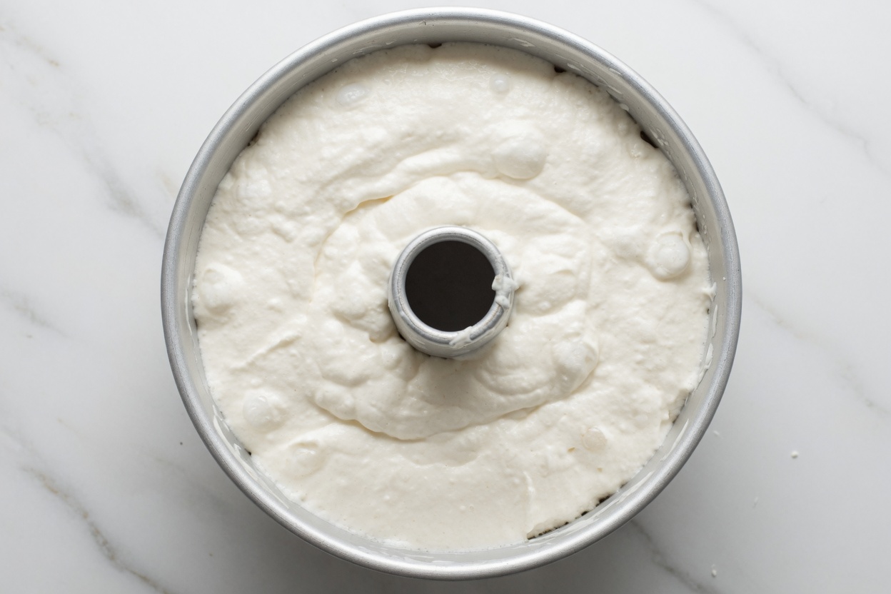 Angel food batter in an ungreased tube pan