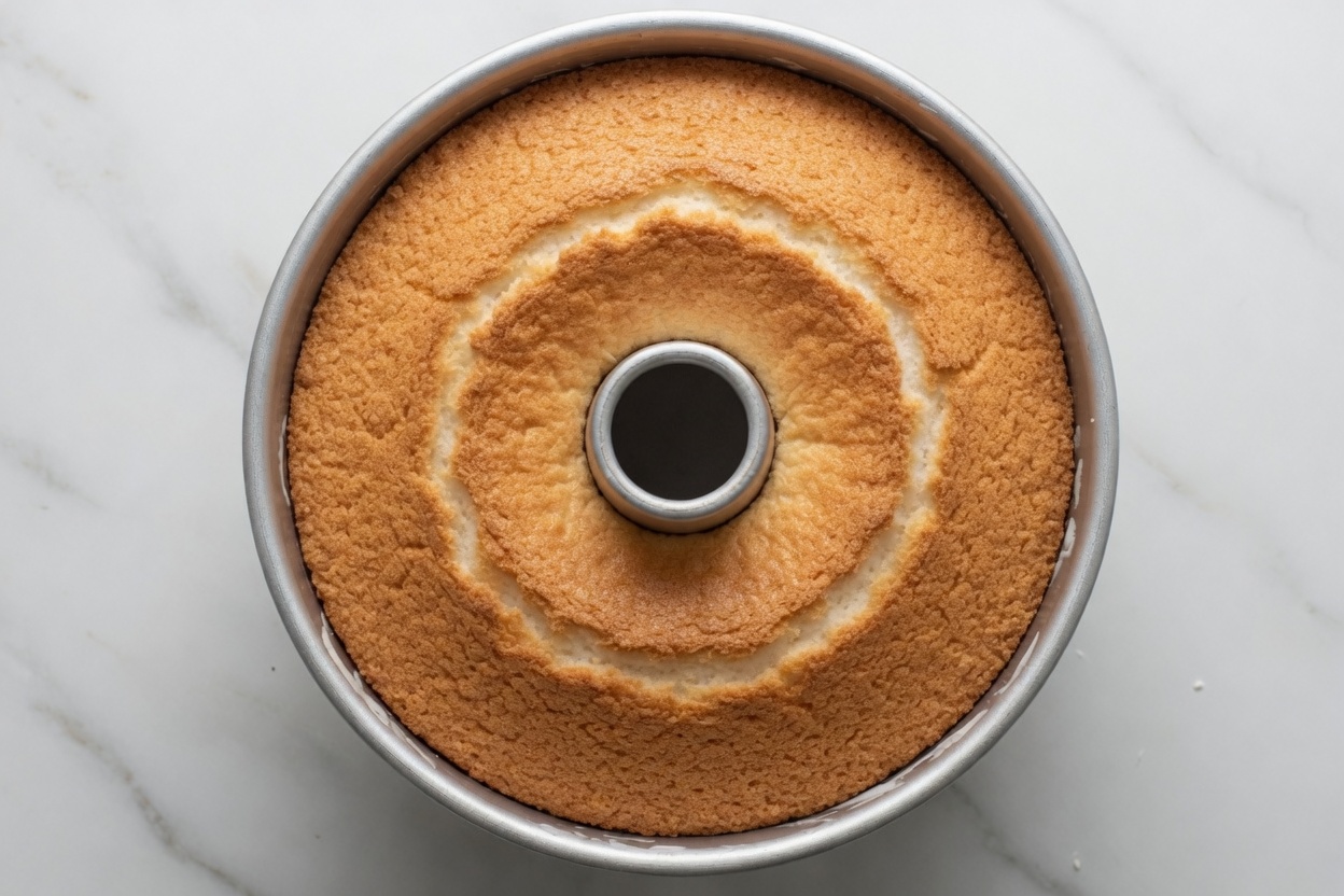 Baked angel food cake in the ungreased tube pan