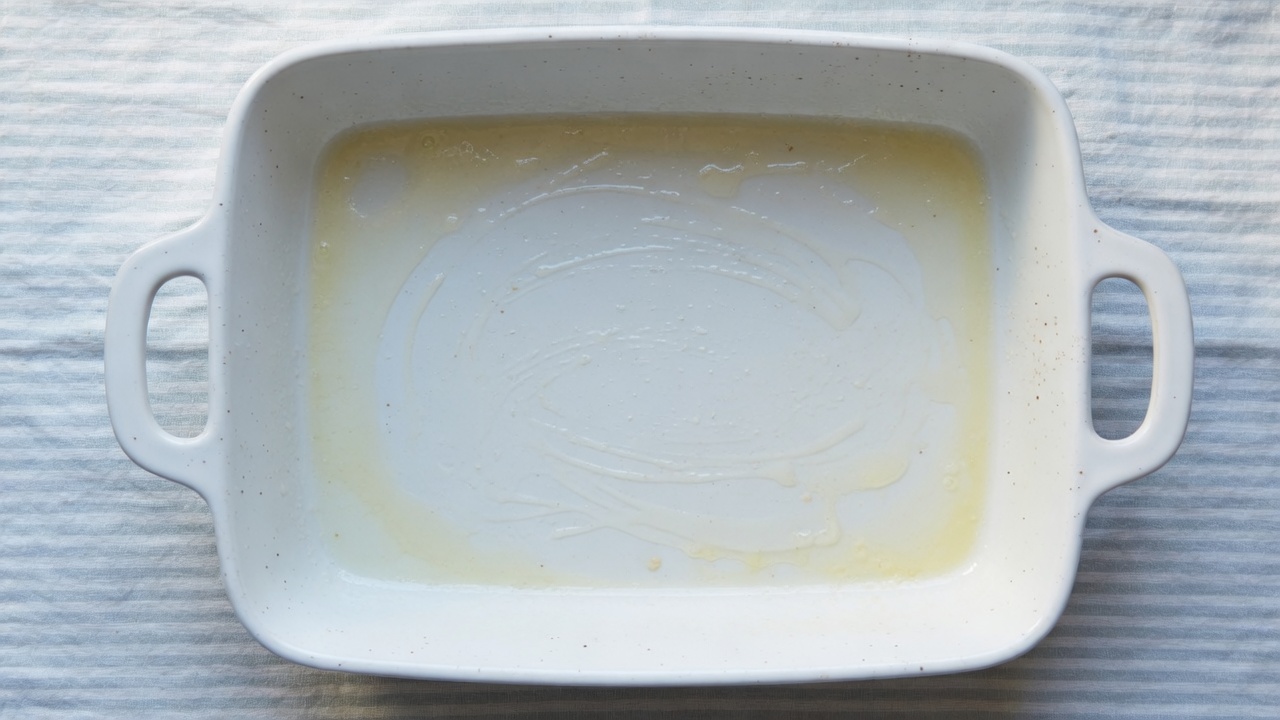 Greased empty 9 by 13 baking dish