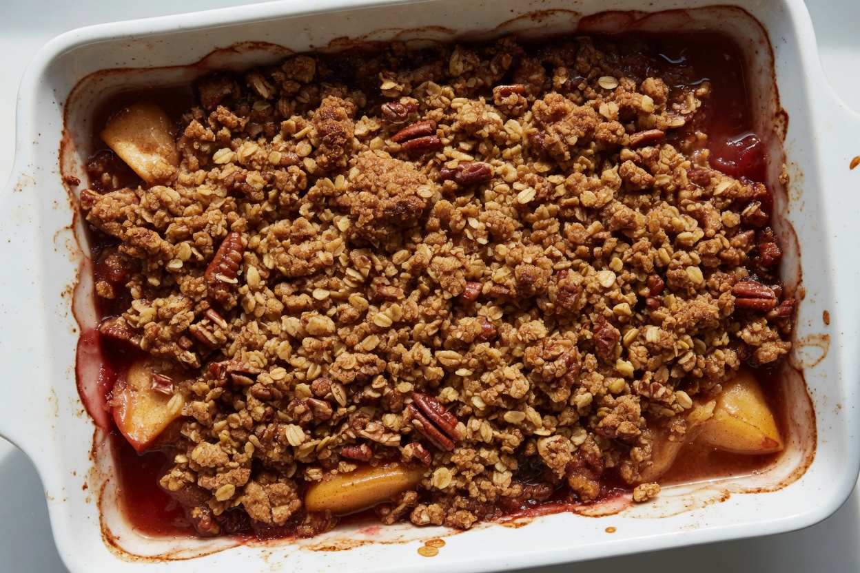 Baked apple crisp in the baking dish, golden topping bubbling at the edges