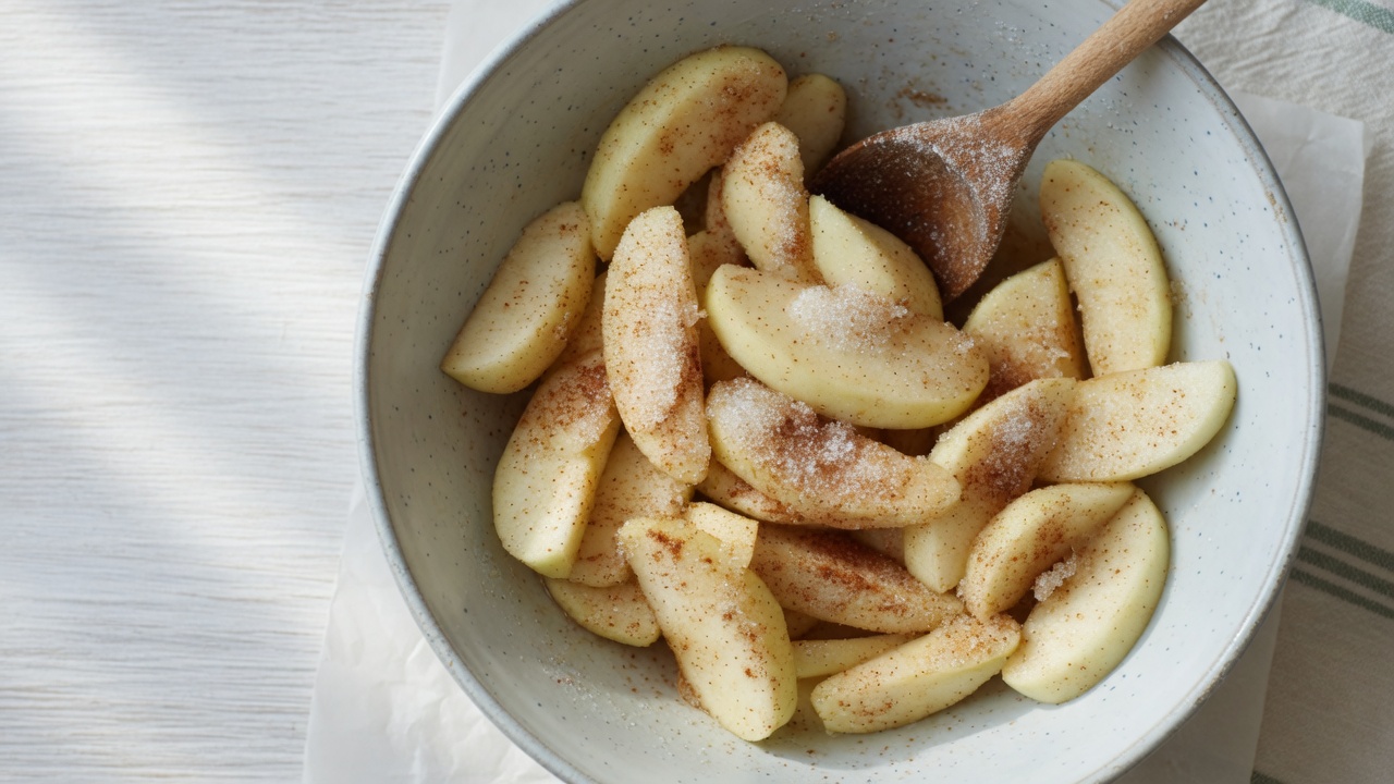 Peeled apple slices tossed with sugar and cinnamon