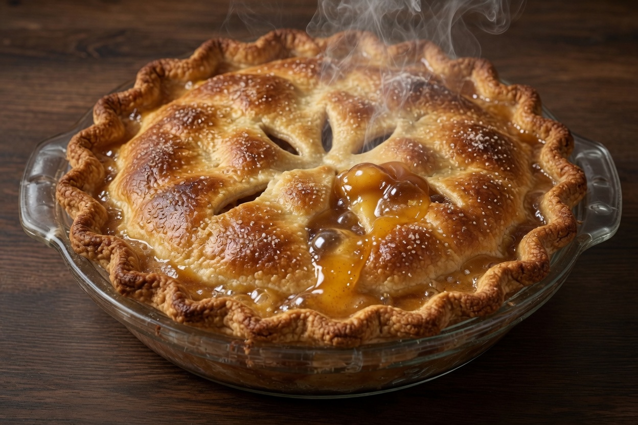 Baked apple pie in the pie dish, golden crust, filling bubbling at a vent