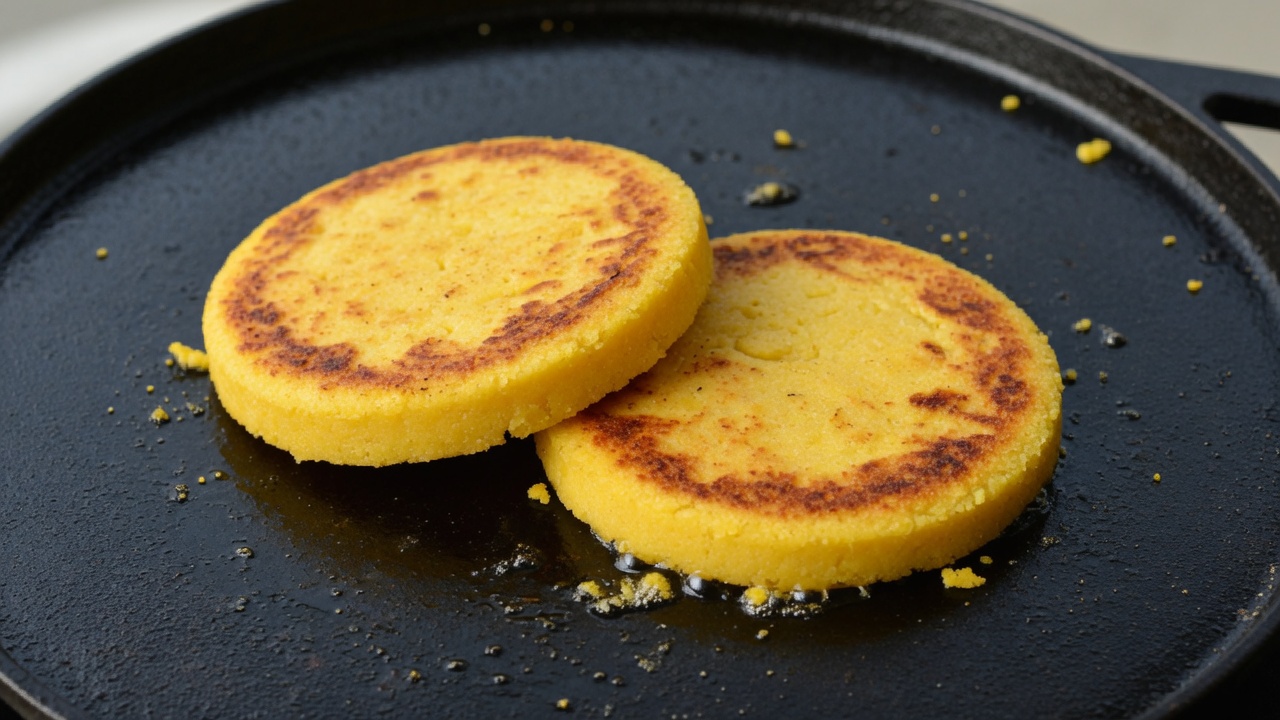 Arepas cooking on a griddle until deep golden