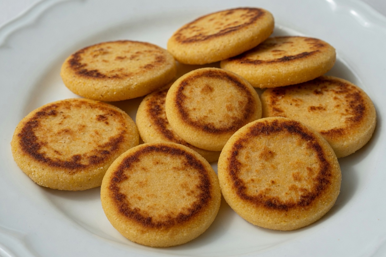 Eight cooked arepas on a plate