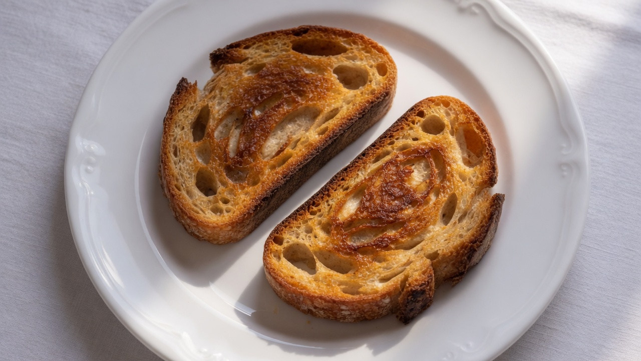 Two slices of deep-golden sourdough toast