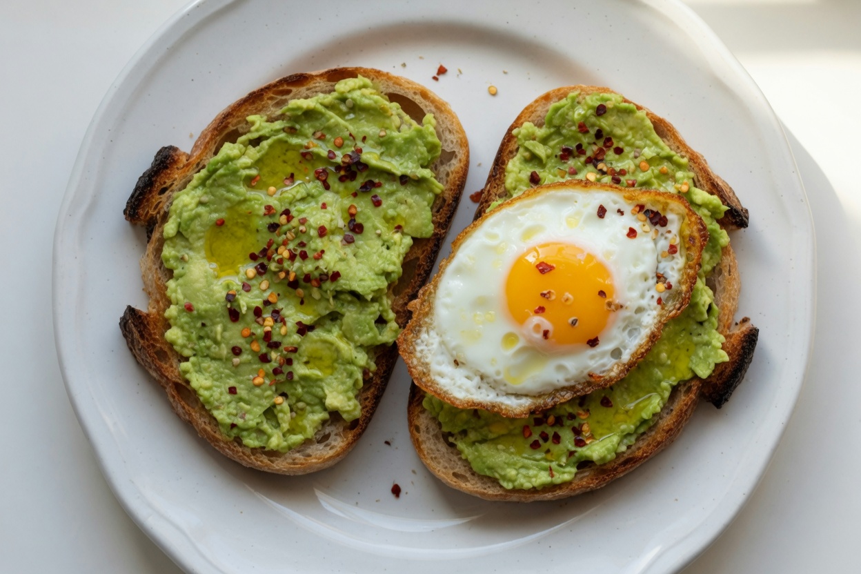 Avocado toast with chili flakes and a fried egg