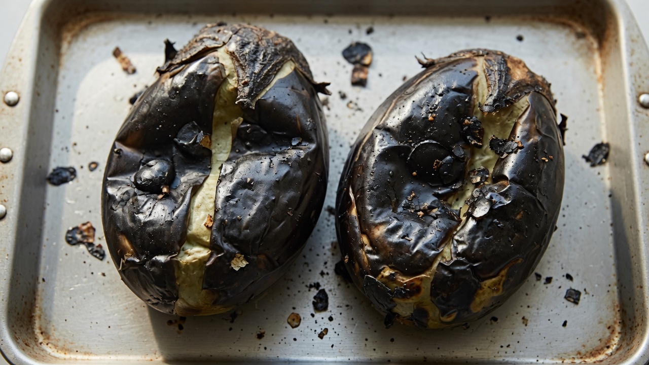 Two charred collapsed eggplants on a bare sheet