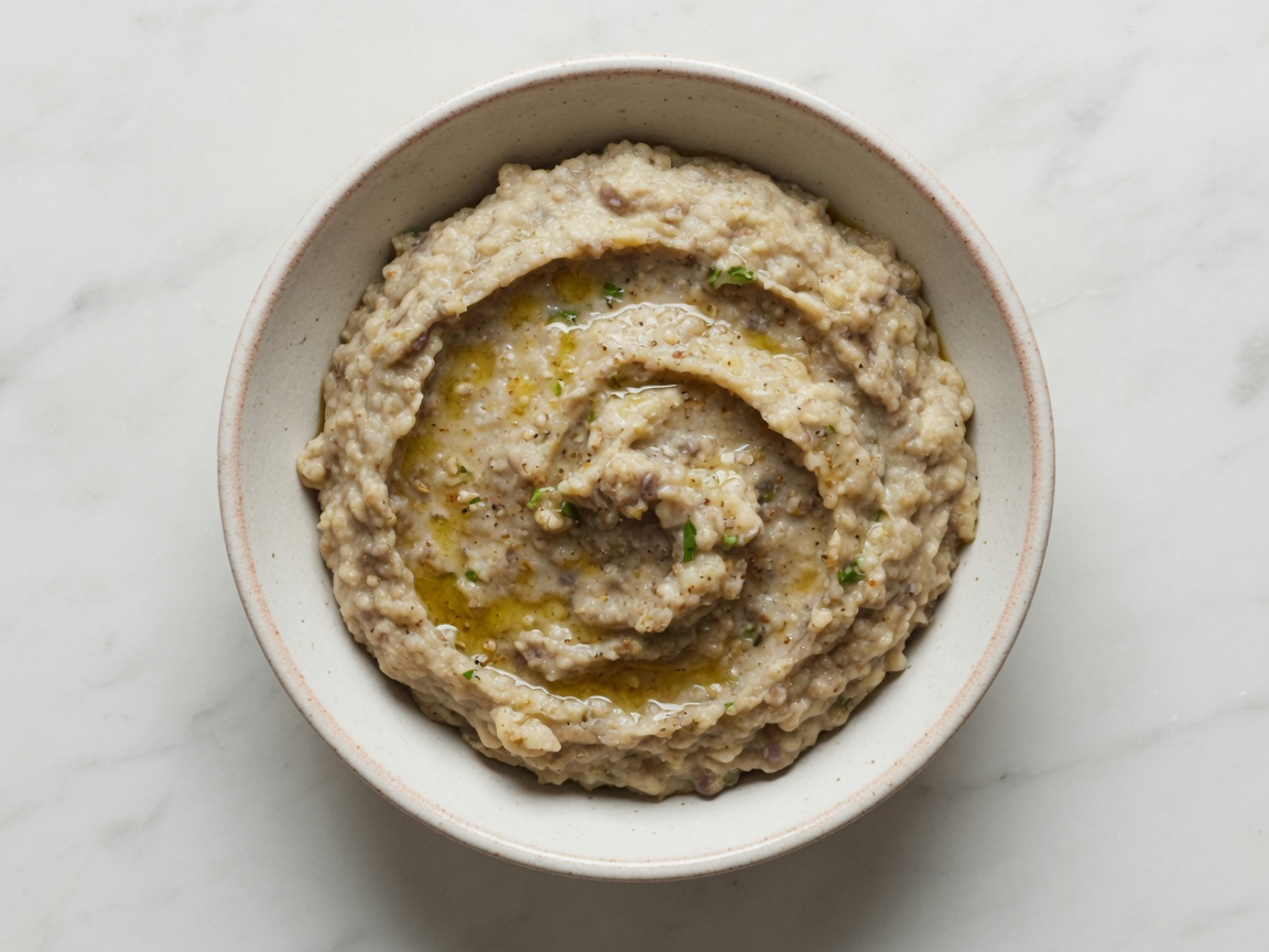 Rustic mashed eggplant with tahini in a bowl