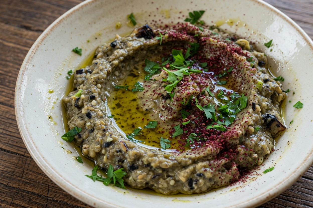 Baba ganoush in a bowl with olive oil, parsley, and sumac
