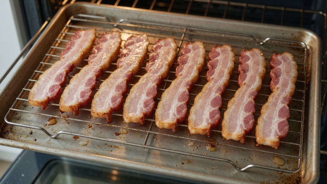 Eight bacon slices baking on a rack over a sheet