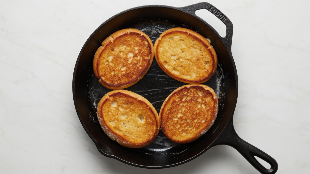 New York hard rolls toasting in a skillet in butter