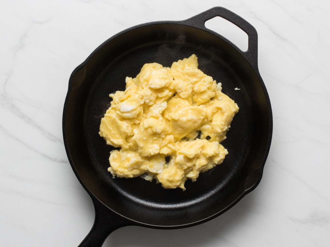 Soft scrambled eggs in a skillet, still glossy