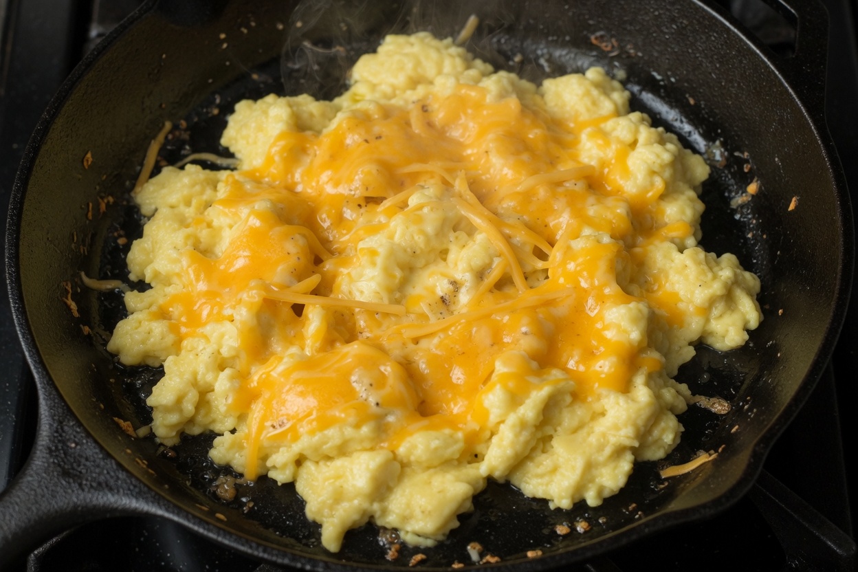Cheddar melting on soft scrambled eggs in the skillet