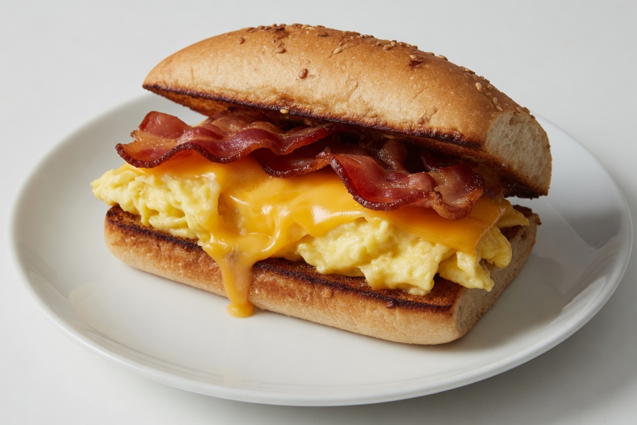 Bacon, egg, and cheese sandwich on toasted bread