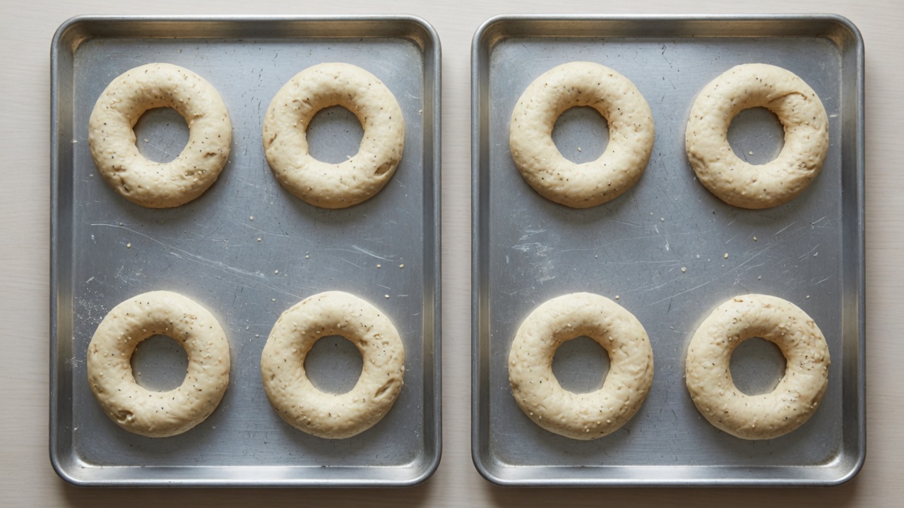 Eight bagel rings on two bare baking sheets