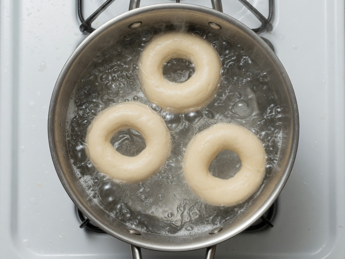 Bagels boiling a few at a time in a wide pot