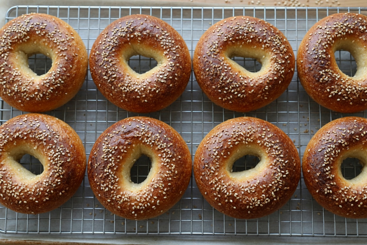 Eight baked sesame bagels on a cooling rack