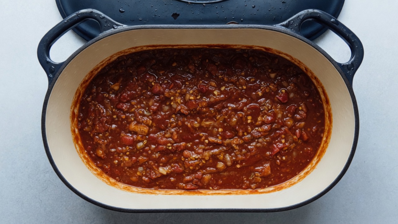 Brown sugar, ketchup, mustard, and vinegar stirred into the Dutch oven