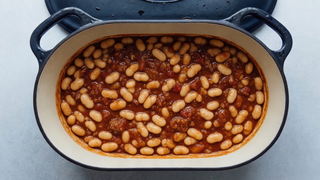 Beans and sauce added to the Dutch oven