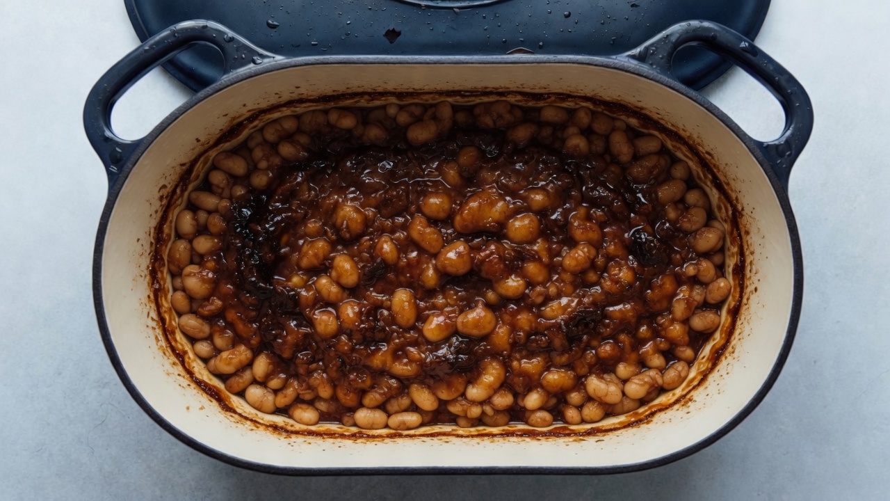 Baked beans thickened in the same Dutch oven