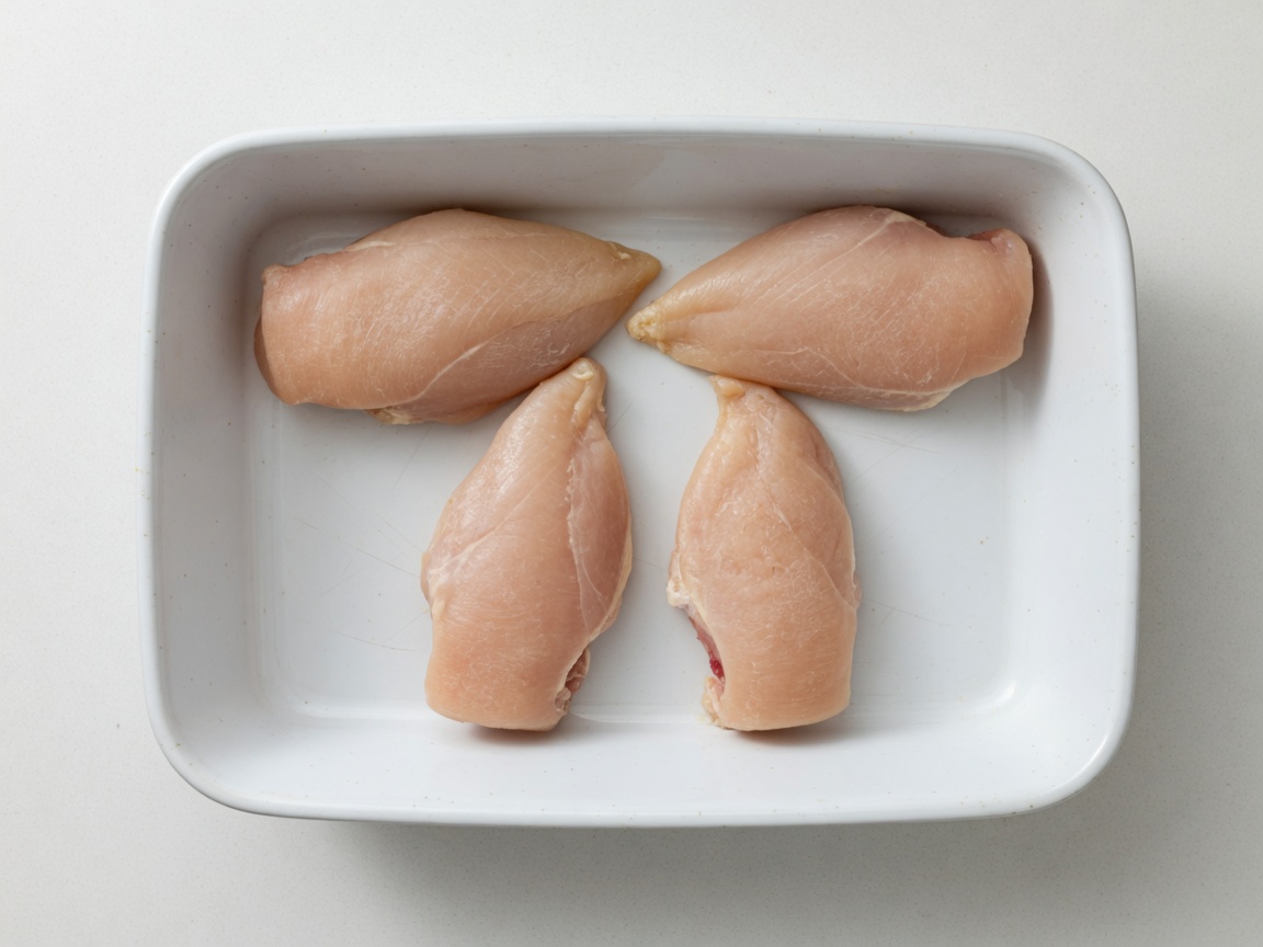 Four raw chicken breasts patted dry in a white baking dish
