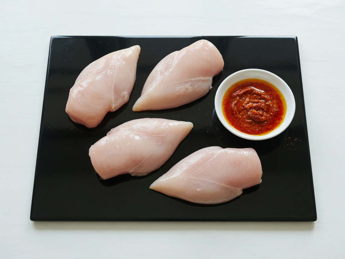 Paprika oil rub in a small bowl beside four raw chicken breasts
