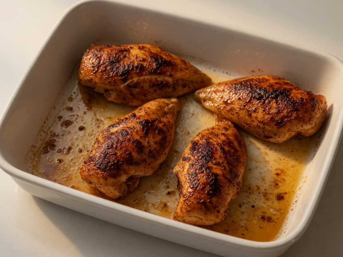 Four paprika-rubbed chicken breasts roasted in the same white baking dish