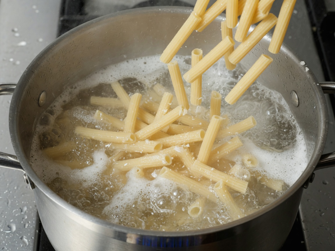 Short pasta going into a pot of boiling salted water