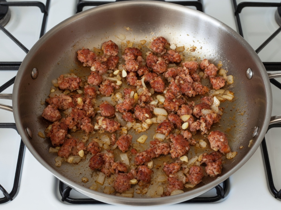 Italian sausage browning with onion and garlic in a wide skillet