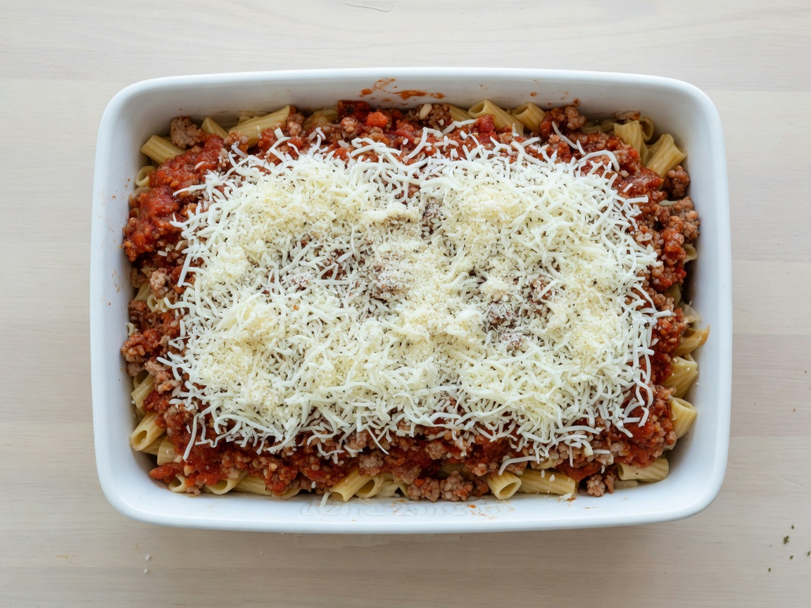Layering pasta, sausage marinara, and mozzarella in a 9x13 dish