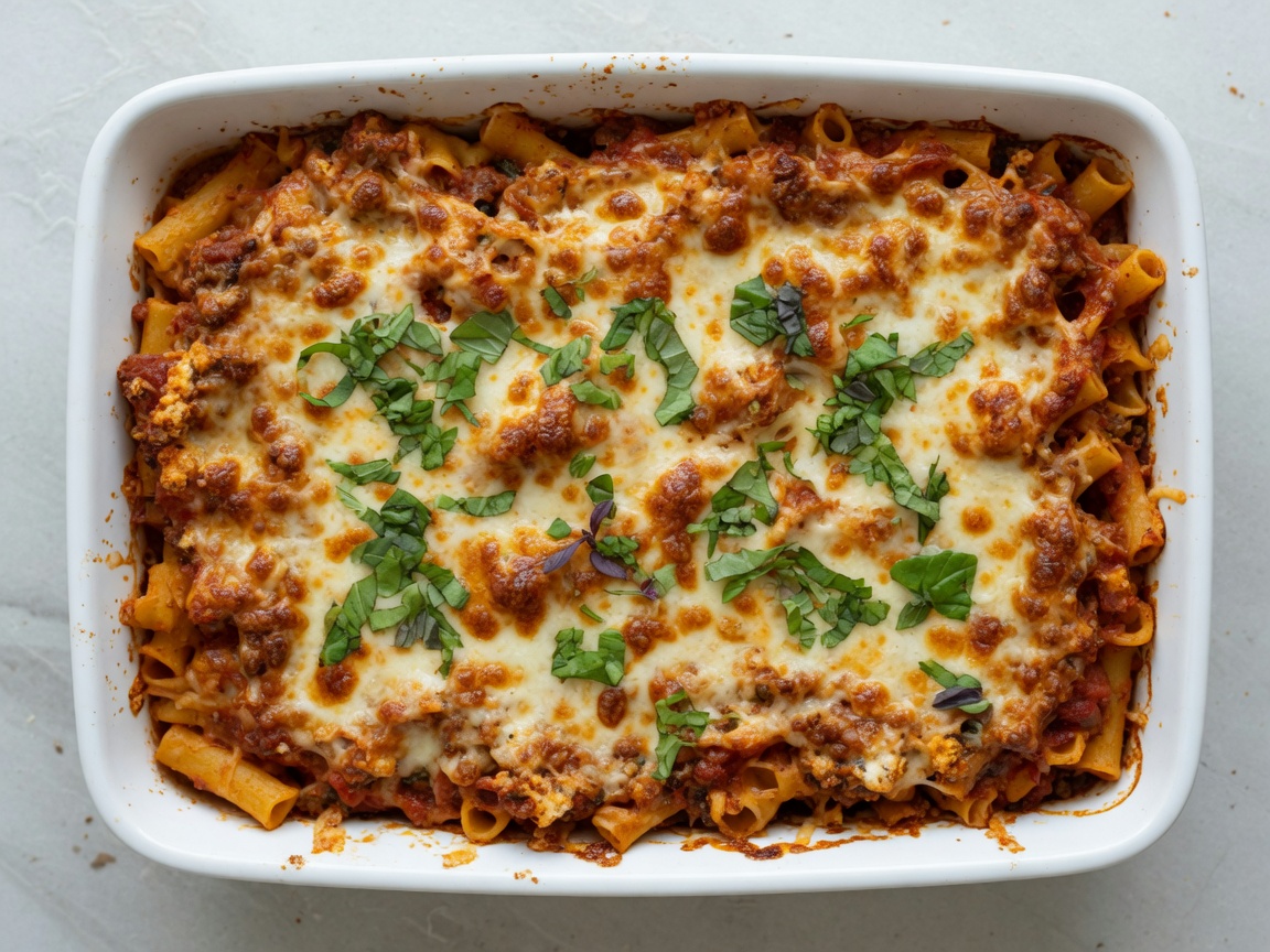 Baked ziti with browned mozzarella and chopped basil