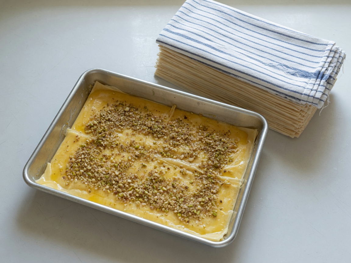 Buttered phyllo in a pan with a nut layer, unused sheets under a towel