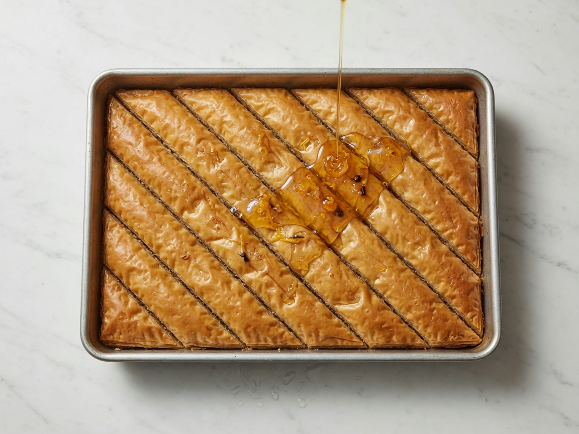 Baked baklava scored into diamonds with cool syrup poured over
