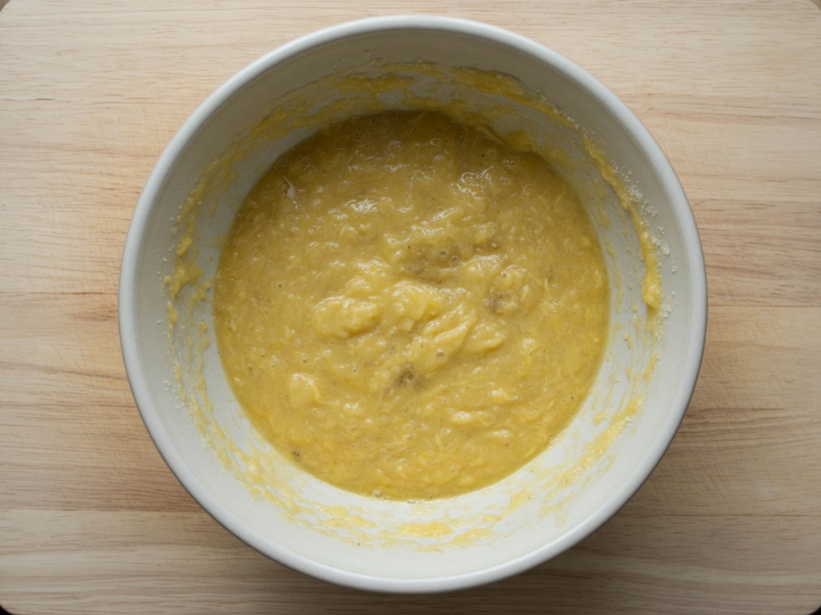 Mashed ripe bananas with melted butter in a mixing bowl