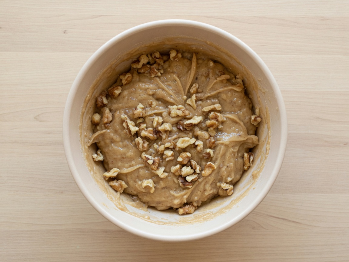 Banana bread batter folded with chopped walnuts