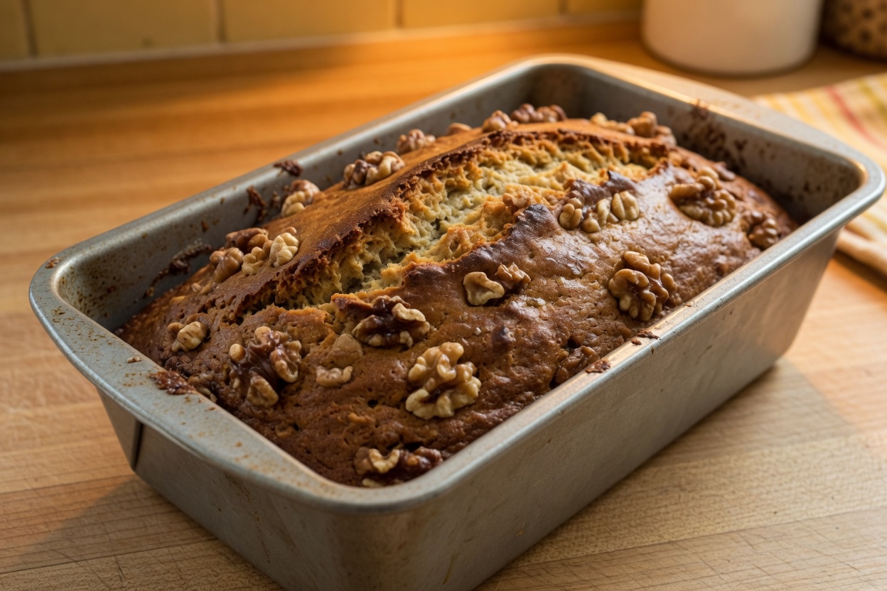 Baked banana bread in the loaf pan