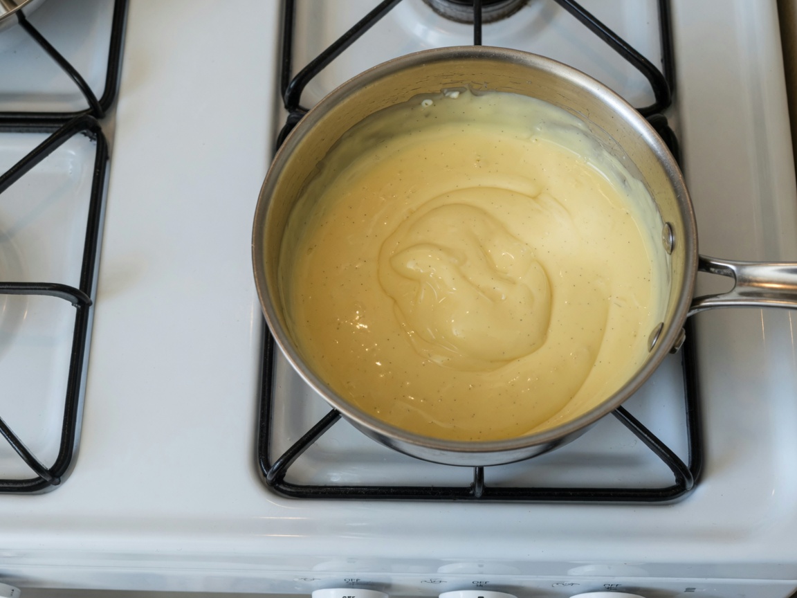 Homemade vanilla custard thickening in a saucepan