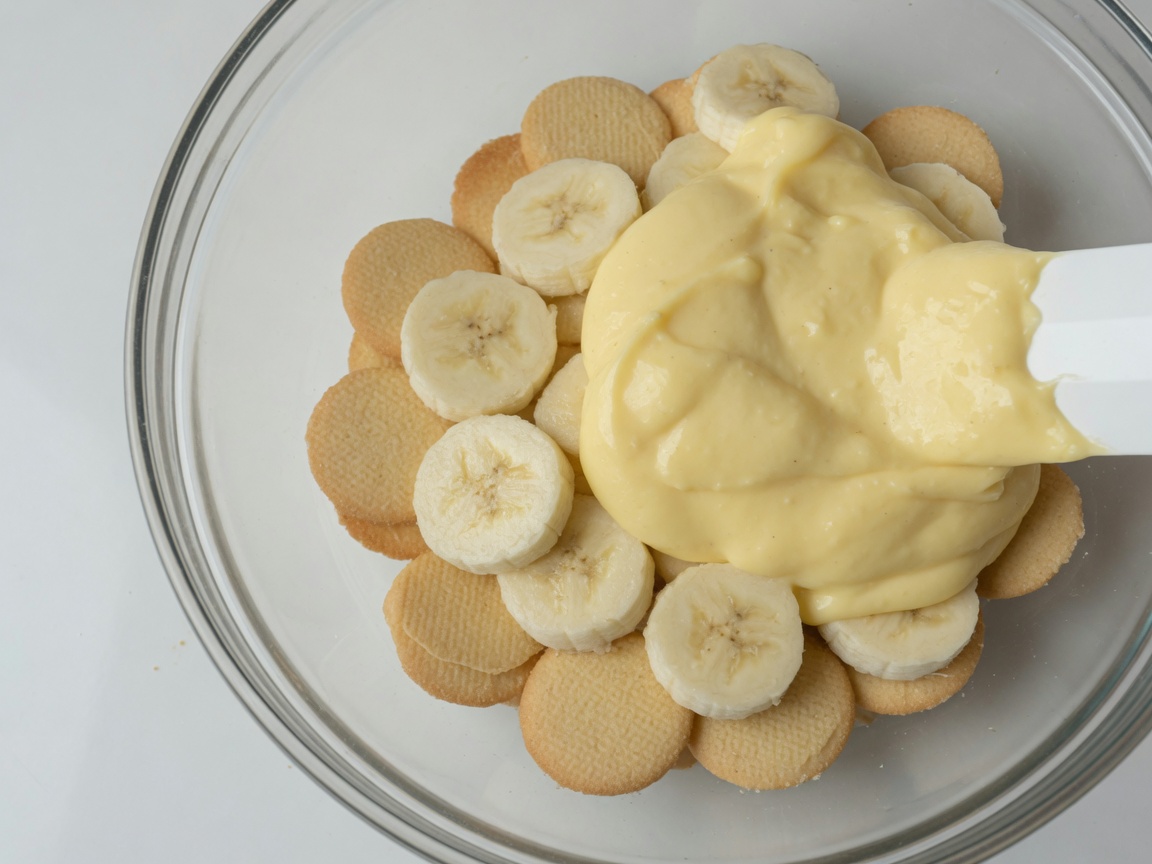 Layering vanilla wafers, banana slices, and custard in a glass bowl
