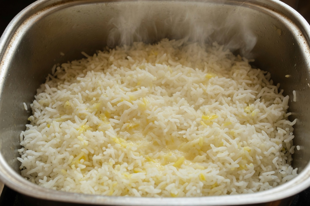 Fluffed basmati rice in the saucepan