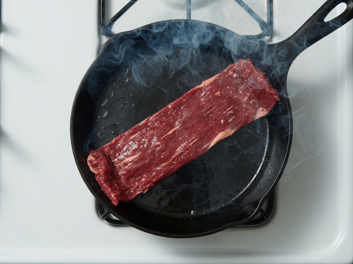 Bavette in a smoking cast-iron skillet