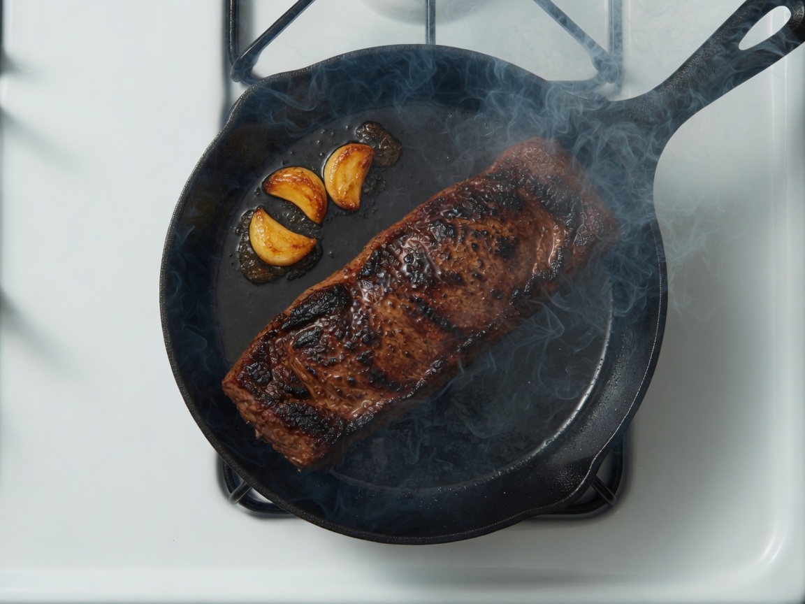 Bavette searing with garlic