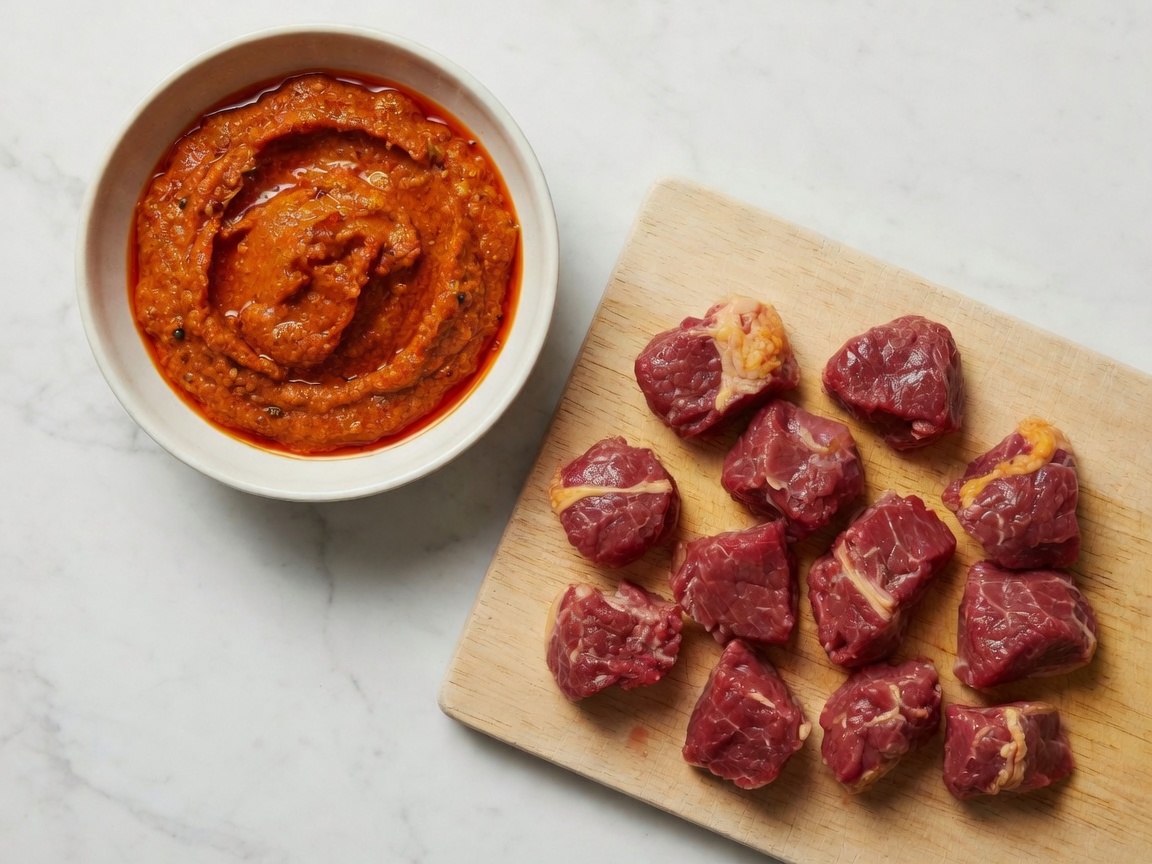 Spice paste and raw beef chunks