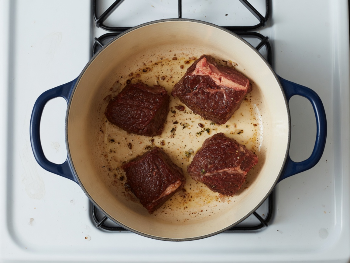 Beef browning in a Dutch oven