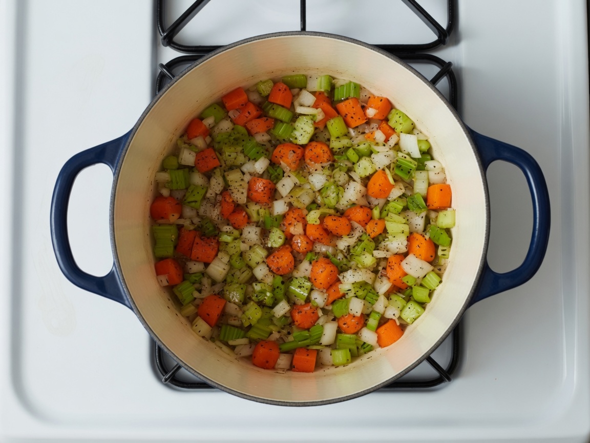Onion carrot celery in the Dutch oven