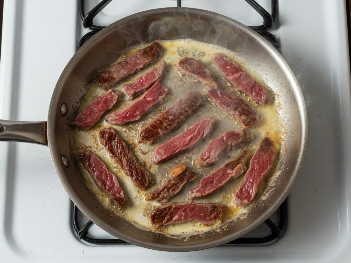 Beef strips searing in a skillet