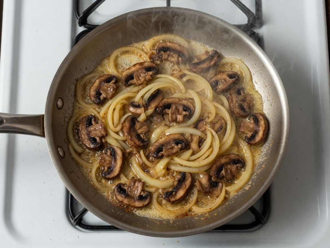 Mushrooms and onion browning