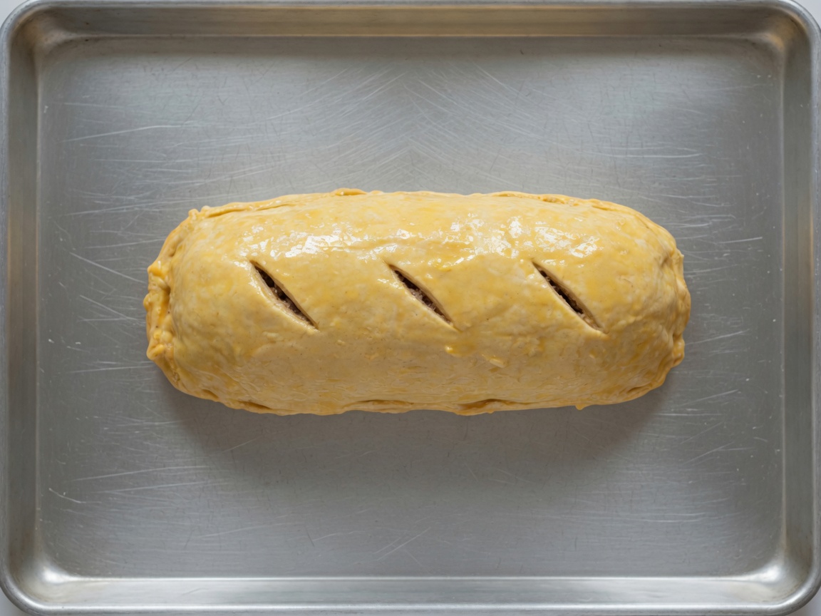 Beef wrapped in pastry on a baking sheet